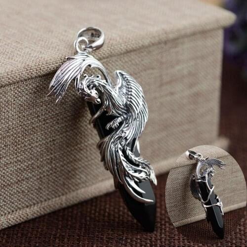 925 Silver color Phoenix Pendant 100% Real S925 Solid Thai Silver color Natural Black Stone Pendants for Women Men Fine Jewelry