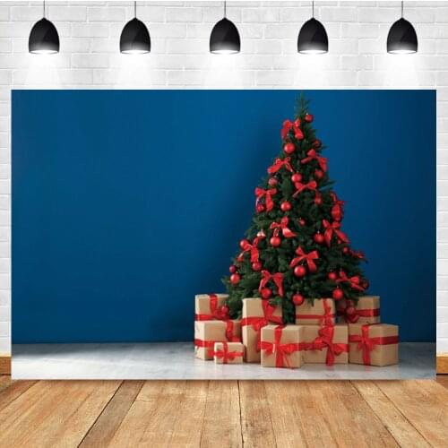 Laeacco Blue Wall Christmas Tree Gift Newborn Birthday Portrait Decor Photo Background Photographic Backdrop For Photo Studio