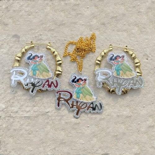 Hot Selling Cartoon Custom Name Jewelry Set Acrylic Bamboo Earrings Cuban Necklace Cute Jewelry Gifts For Children