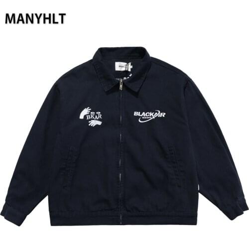 MANYHLT Men Autumn Streetwear Workwear Fashion Retro Bomber Jacket Embroidery Lapel Top Loose Harajuku Winter Oversized Coats