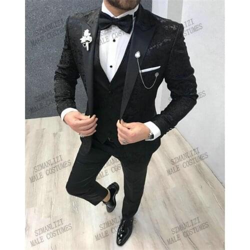 Newest Black Printed Floral Mens Suits Groom Tuxedos Peaked Lapel Groomsmen Mens Wedding Prom Suits (Jacket+Pants+Vest+Bow)