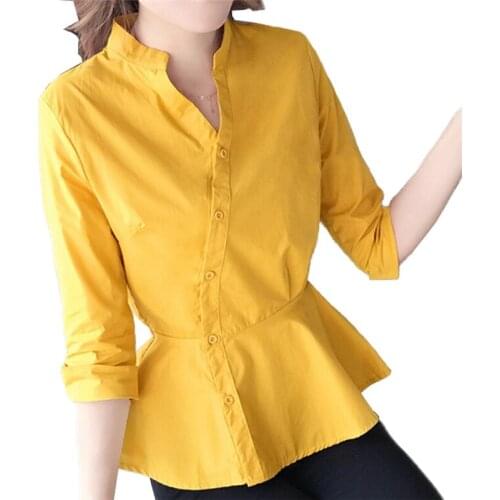 New Women Blouses 2019 Fashion V-neck yellow Office Shirt Cotton Blouse Shirt white Casual Tops Plus Size Blusas Femininas A2745