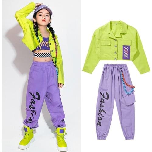Girls Hip Hop Clothing Fluorescent Green Tops Coat Jacket Purple Vest Causal Pants Child Kid Jazz Ballroom Dance Costume Clothes