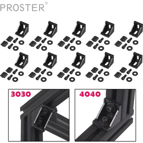 PROSTER 10PCS For 3030 4040 Aluminum Angle Fixing Bracket Black Strut Profiles Connector Material with Lens Screw & Hammer Nut