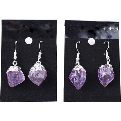 Genuine Purple Quartz Earrings Silvertone Plating Frenc Wire Style With Irregular Purple Stone