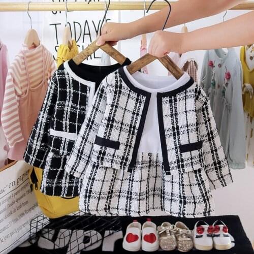 Vintage Baby Girl Clothes Set Baby Sets Birthday Long Sleeve Plaid Coat Tops+Dress 2Pcs Party Warm Outfit Children set