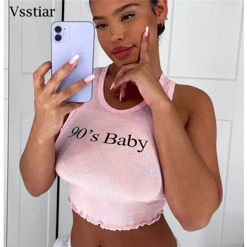 Vsstiar Ribbed Sport Crop Top 90s Summer O Neck Sleeveless Knitted Sexy Tanks Pink Fashion Letter Print Casual Women T-Shirt