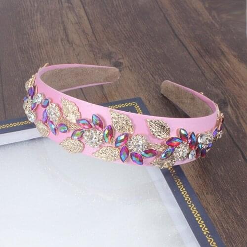 New Baroque Fashion White Pink Romantic Temperament Luxulry Crystal Copper Alloy Leaves Headband Hair Accessories For Woman