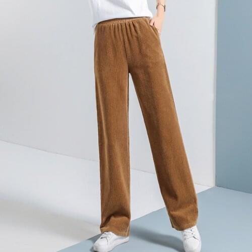 Zoki Loose Women Corduroy Pants Winter Elastic High Waist Solid Wide Leg Pants Casual Vintage Black Pocket Fall Trouser New 2020
