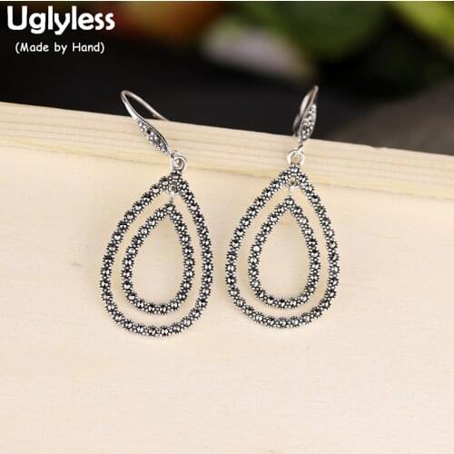 Uglyless Double Water Drop Earrings for Women Vintage Marcasite Dangle Earrings 925 Silver Hollow Exotic Brincos Bijoux E1715