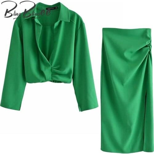 BlingBlingee Green Summer Suits 2021 Fashion Deep V Cropped Shirts and Midi Skirts Women Casual 2 Piece Sets Female Outfits