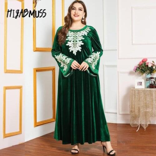 Abayas For Women Dubai Fashion Autumn And Winter Embroidery Womens Thick Velvet Long-sleeved Green Dress Arabic Long Dresses