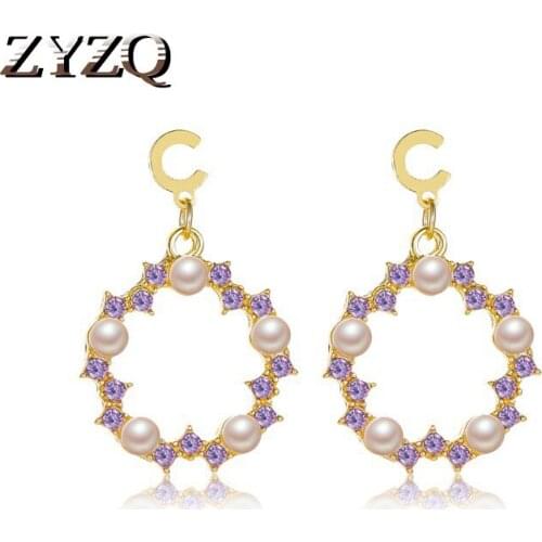 ZYZQ Baroque Imitation Pearls Gold Color Earrings For Women Purple C-Shape Pearl Pendant Earring Korean 2020 Jewelry