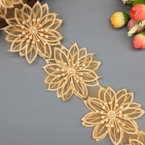 1 yard Gold 3D Flowers Pearl Embroidered African Lace Trim Ribbon Fabric Handmade DIY Sewing Craft For Costume Hat Decoration