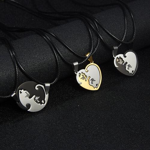 Rinhoo 1PC Stainless Steel Simple Heart Round Shape Stitching Lovely Cat Pendant Rope Chain Bracelet For Womens Fashion Jewelry