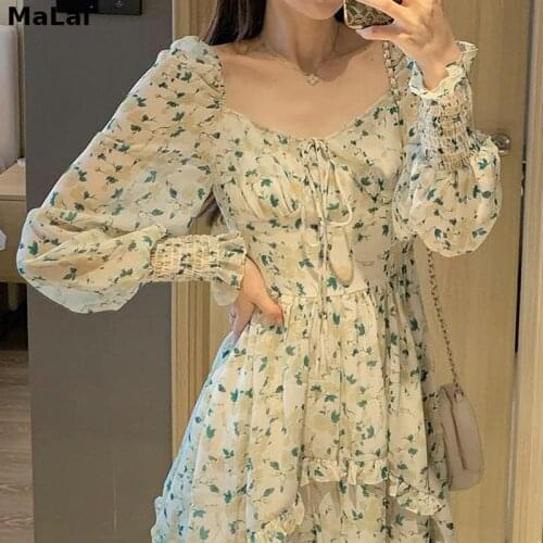 Korean Style Square Collar Elegant Vingate Dress Women Long Sleeve Floral Printed Dress For Females 2021 Summer Chic Beach Dress