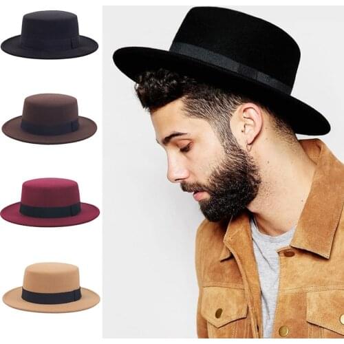 Flat Top Hat Womens Men‘s Felt Wide Brim Fedora Hat Laday Prok Pie Chapeu de Feltro Bowler Gambler Top Hat