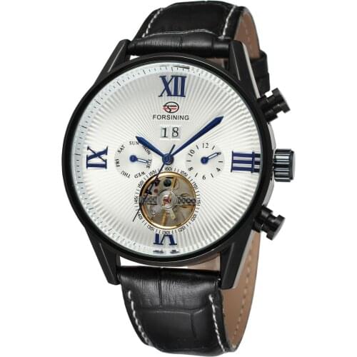 Forsining Classic Blue Hand Tourbillion Roman Number Calendar Genuine Leather Automatic Men Mechanical Watches Top Brand Luxury