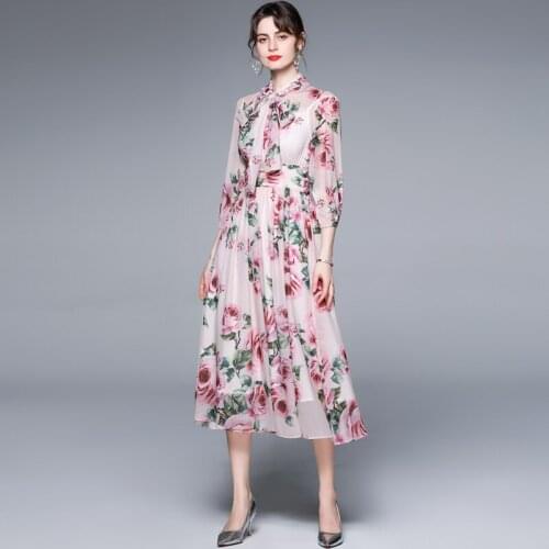 JSXDHK Fashion Summer Vacation Chiffon Dresses Designer Runway Womens Bow Collar Rose Floral Print Pink Chiffon Boho Midi Dress