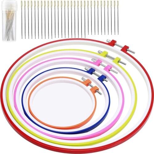 KAOBUY 35PCS Plastic Multicolor Cross Stitch Hoop Sets, Embroidery Frame With Cross Stitch Needles For Embroidery