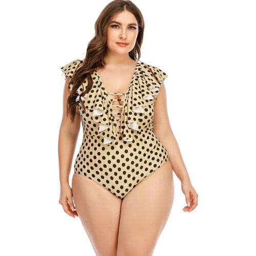 2021 Swimwear Women Classic Polka Dot Printed Summer Monokini Multilevel Ruffle Bodysuit Yellow Dots Beachwear Deep-V Bikini 5XL