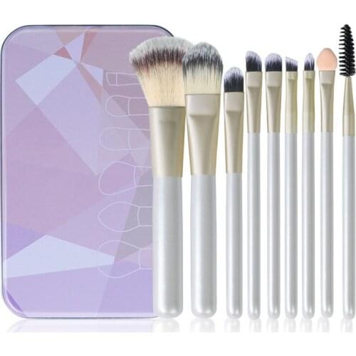 9pcs Makeup Brushes Set Face Powder Foundation Eyebrow Eyelashes Sponge Smudge Brush Cosmetics Essential Tools with Metal Box