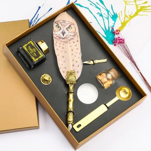 Retro Fountain Pen Set Calligraphy Owl Feather Quill Writing Dip Pen with Empty Ink Bottle Nib Seal Stamp Wax Stationery Gift