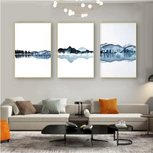 Blue Wall Art Wall Pictures for Living Room Decorative Watercolor Abstract Landscape Canvas Painting Posters and Prints Navy