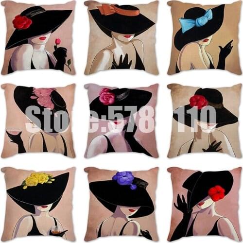 Pillowcase Portrait Polyester Christmas New Year Woman in hat Pillow Cover Sofa Cushion Home Decorative Pillows Cover Linen