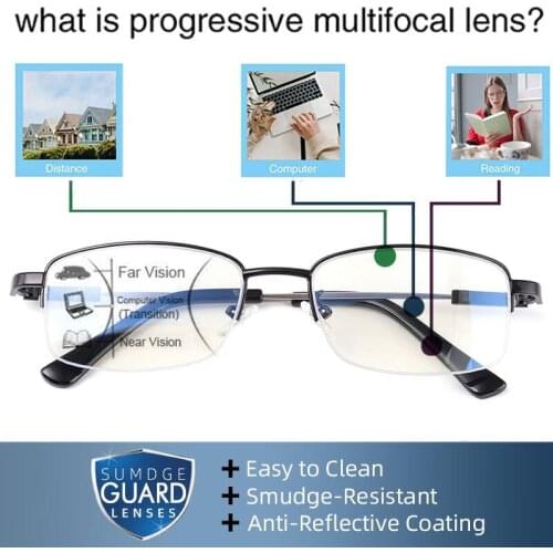 Progressive Multifocus Reading Glasses, Spring Hinge Blue Light Blocking Glasses Women Men, No Line Multifocal Readers Eyewear