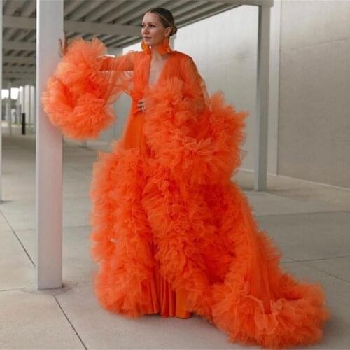 Orange Maternity Dress for Photo Shoot Props Puffy Ruffles Maternity Gowns Photography Costume Skirt Enriched Women Bathrobe