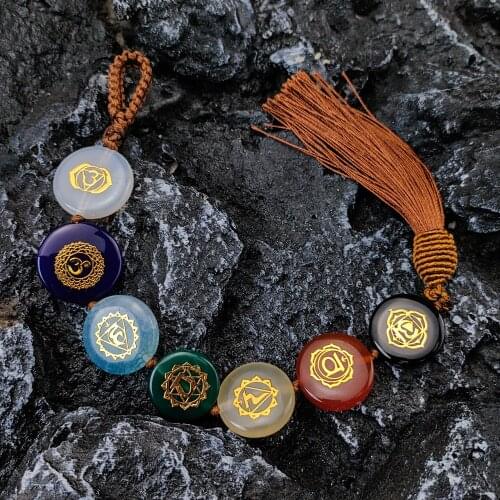 Braided Natural Stone Seven Chakra Symbol Pendants Jewelry Making Pendulum Meditation Wholesale for Car Bag Ornament