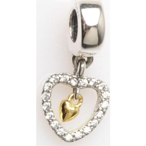 Authentic S925 Forever In My Heart Hanging Charm fit Lady Bracelet Bangle DIY Jewelry Golden Heart & Clear CZ