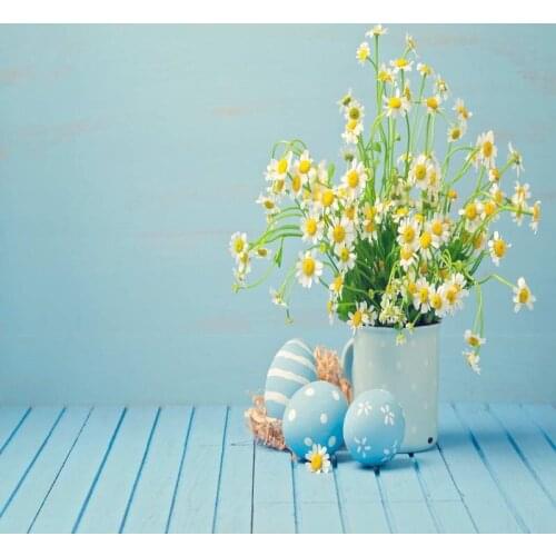TR 8x8ft Easter Eggs Photography Backdrop Blue Wooden Floor Wall Daisy Flower Art Fabric Custom Backdrop For Studios Background