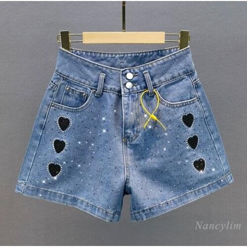 Rhinestone Denim Shorts Womens 2021 Summer New High Waist Blue Embroidered Two-Button Hot Pants Femme Nancylim