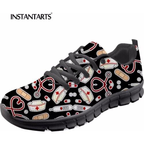 INSTANTARTS Cute Nurses Love Black Sneakers Women Fashion Breathable Mesh Casual Light Flats Shoes Cartoon Nurse Lacing Sneakers