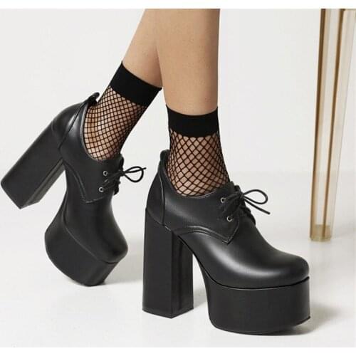 PXELENA Punk Style Gothic Shoes Women Block Chunky High Heels Platform Pumps Lace Up Party Nightclub Plus Size 35-46 Spring 2021