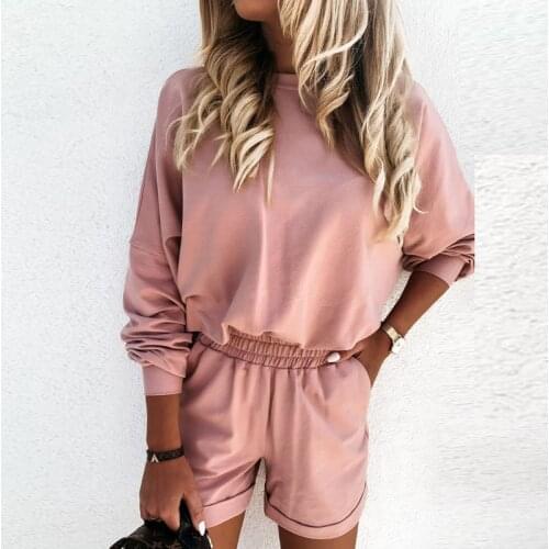 New Tracksuit Women Set Summer Solid Long Sleeve Top Shirt Loose And Pocket Biker Shorts Casual Two Piece Set Streetwear Outfits