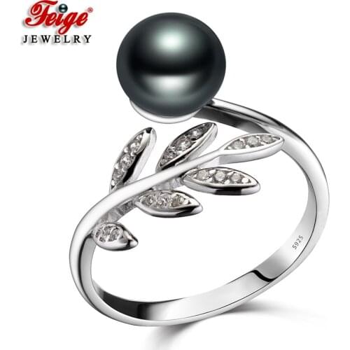 FEIGE Brand 8-9mm Black Pearl Ring Resizable 925 Sterling Silver Ring for Women Natural Pearls Wedding Ring Black Pearl Jewery