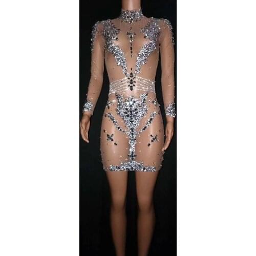 New Sexy Mesh See Through Luxury Crystals Diamonds Dress Women Evening Prom Party Dresses Celebrity Birthday Outfit Stage Wear