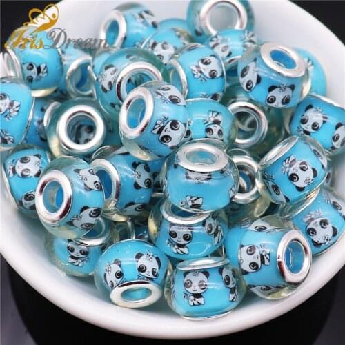 50Pcs Silver Color Panda Large Hole Round Murano Spacer European Beads fit Pandora Bracelet for Women Girls Jewelry Making DIY