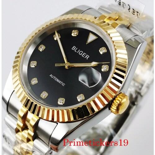 Bliger 39.5mm mechanical automatic men watch miyota 8215 movement sapphire crystal date indicator jubilee strap gold plated
