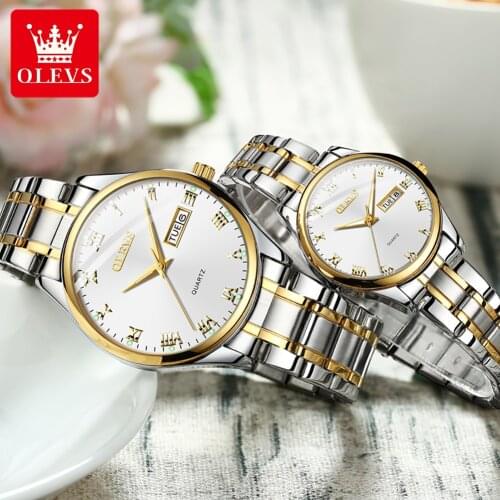 OLEVS Couple Watch Diamond Womens Watch Luxury Gold Stainless Steel Quartz Waterproof Wristwatches for Men relogio masculin