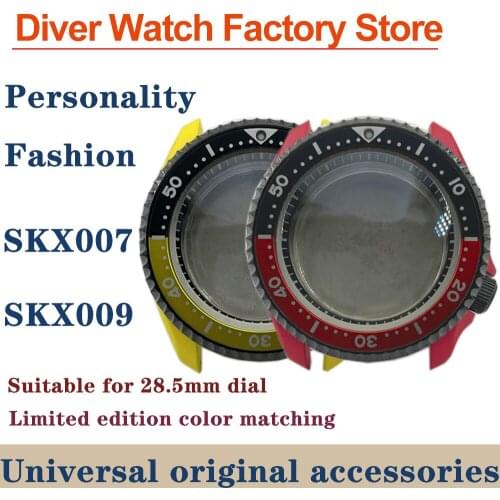Watch Case 42.3mm Red/Yellow Ceramic Coating SKX007 Modify Watch Case Aluminum Rotating Bezel Sapphire Fit NH35/36 Movement