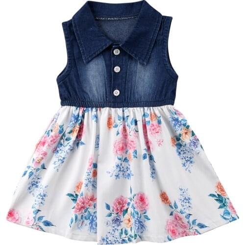 Kids Children Baby Girls Patchwork Dress Summer Denim Print Sleeveless Turn-down Collar Toddler Baby Fashion Dress 1-6T