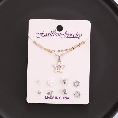 Htzzy 2021 New Fashion Stars Earrings and Golden Chain Necklace Women Jewelry Set 1 Necklace with 4 Pairs Earrings Gifts