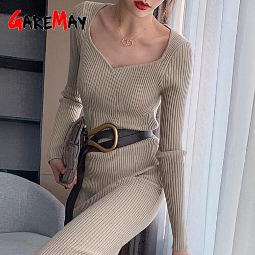 Midi Korean Knit Thick Winter Dresses for Women Bodycon V-Neck Knee-length Autumn Warm Ribbed Knitted Sweater Dress Thick