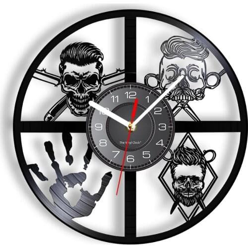 Rock Trendy Barbershop Skull Vinyl Record Wall Clock Skeleton Palm Cool Retro Art Hairstylist Skull Hipster Mancave Timepieces