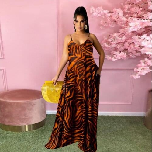 2021 New Arrival Fashion Design Dress Leopard Spaghetti Strap Summer Beach Loose Maxi Dress Vestidos