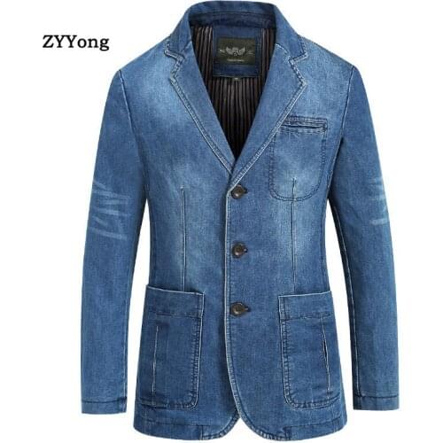 Autumn Blazer Denim Jacket Men Suit Jeans Coat Fashion Cotton Vintage Blue Slim Fat Blazers Clothing Overcoat Ropa Hombre